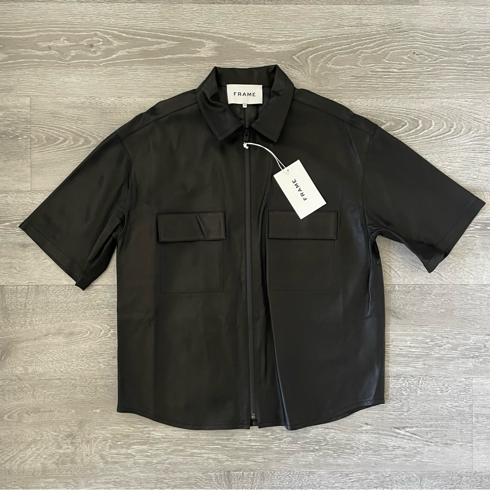 FRAME Men’s Short Sleeve Zip Up Leather Shirt